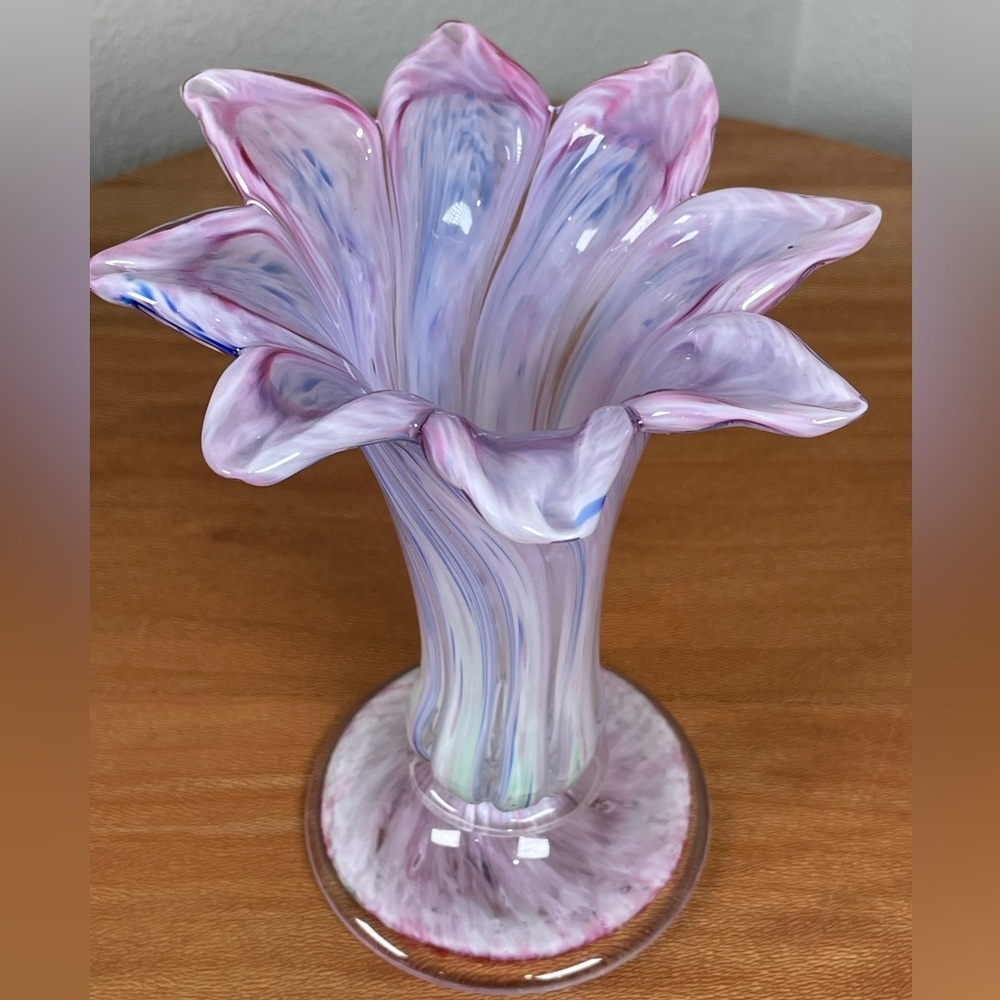 Hand Blown Art Glass Vase 8 Flower Petals In Pink Blue White Murano style